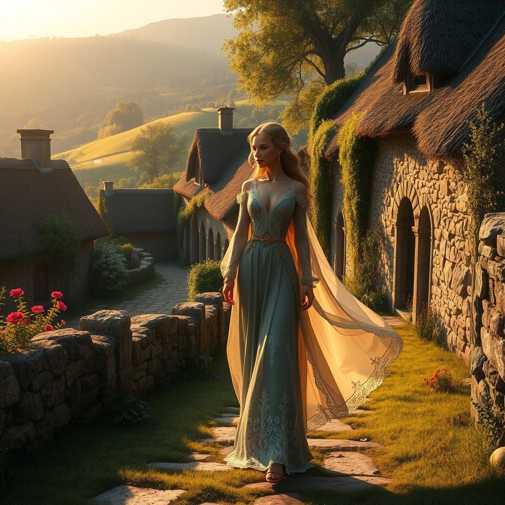 Elegant Regal Woman Walks through Peaceful Ancient Village