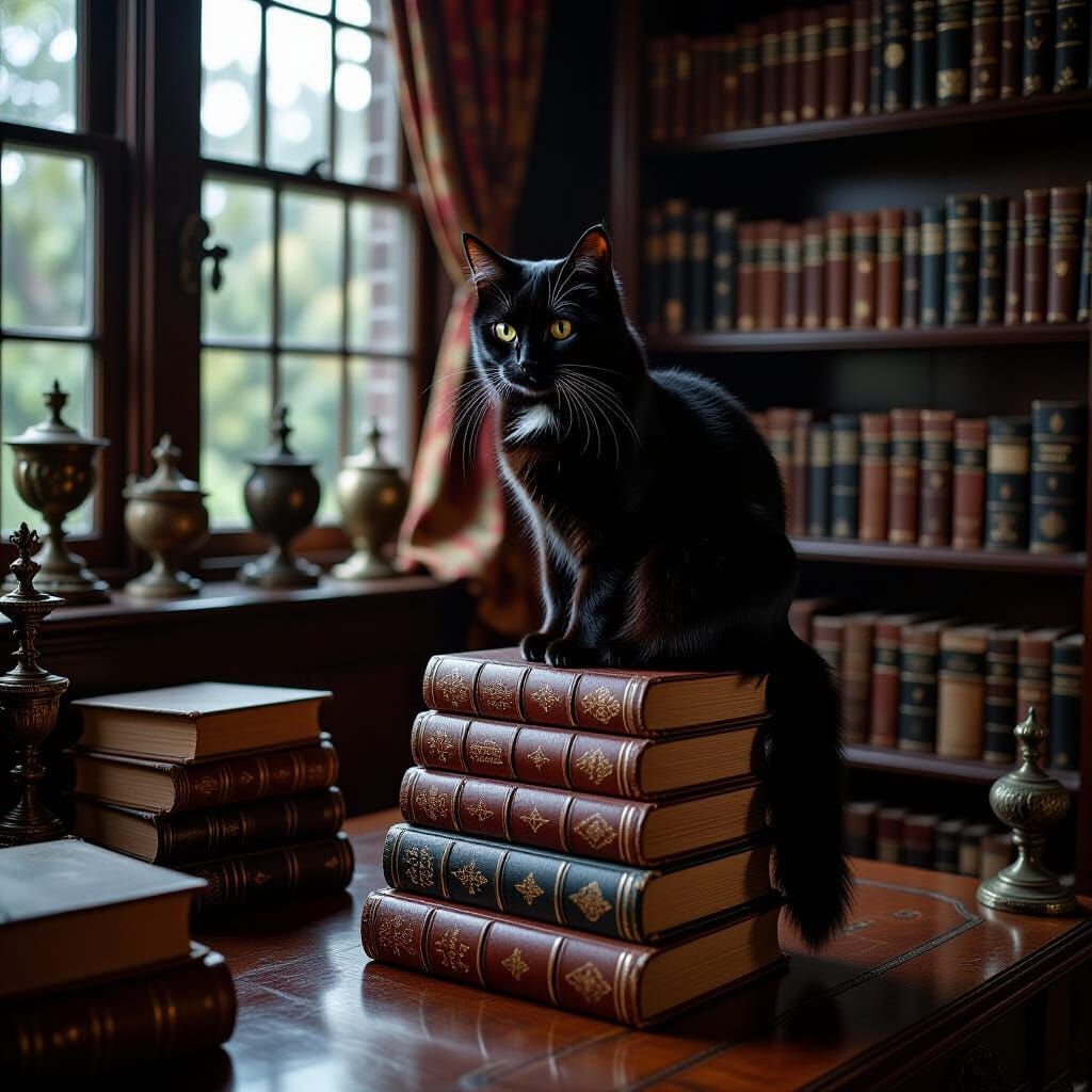 Black Cat in Victorian Study, Dutch Master Style