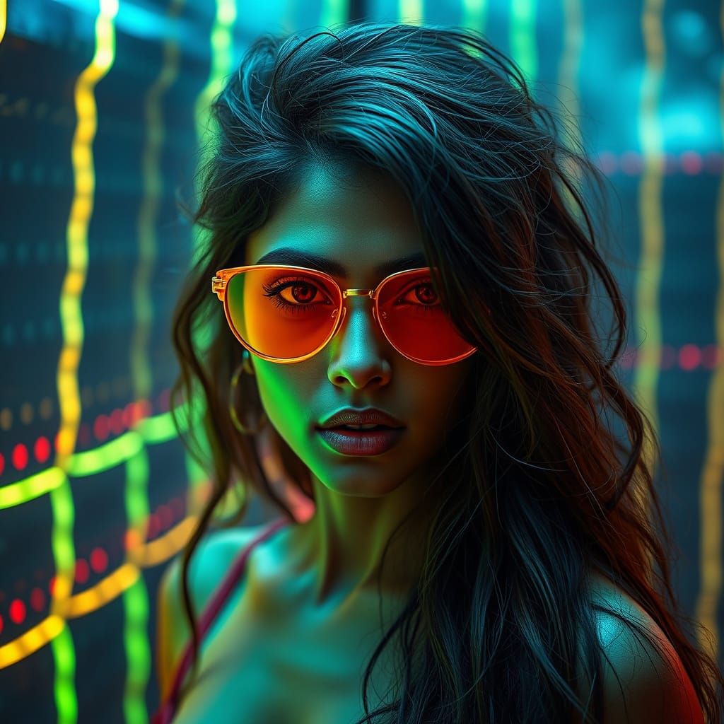 Cyberpunk Indian Goddess in Neon Bio-Luminescent Aura
