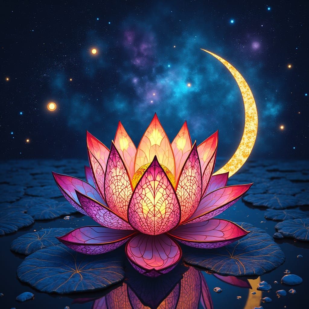 Stained Glass Lotus Flower in Cosmic Night Sky
