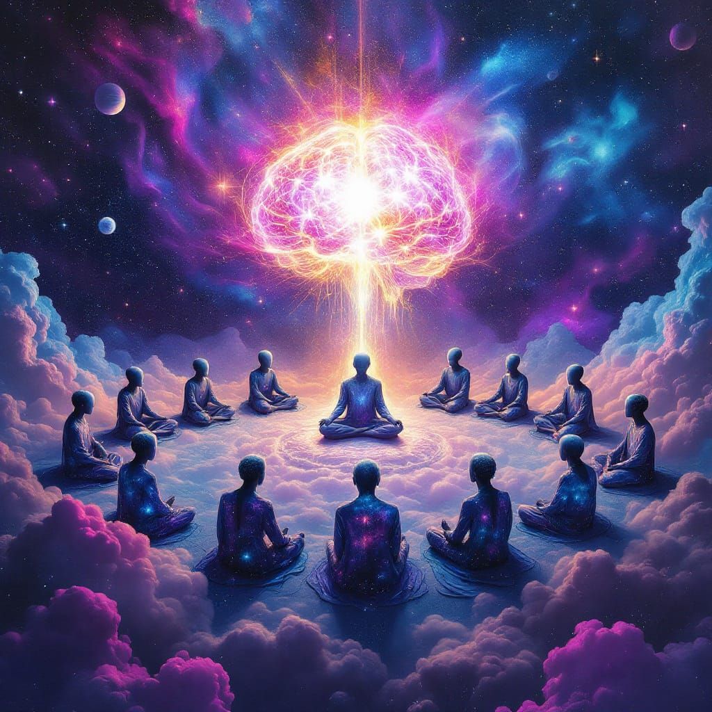 Cosmic Meditation: Glowing Brain and Starry Figures