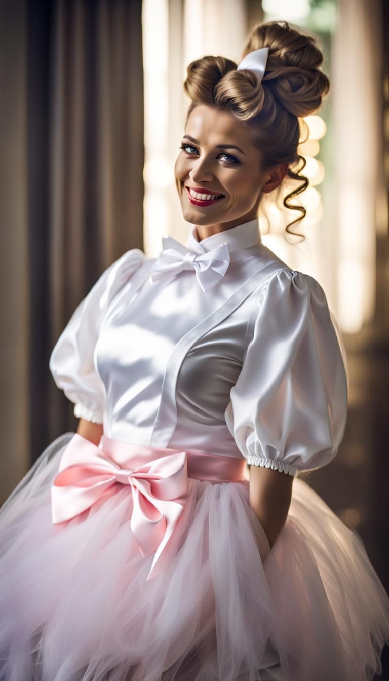 Woman in Satin Maid's Uniform with Bow