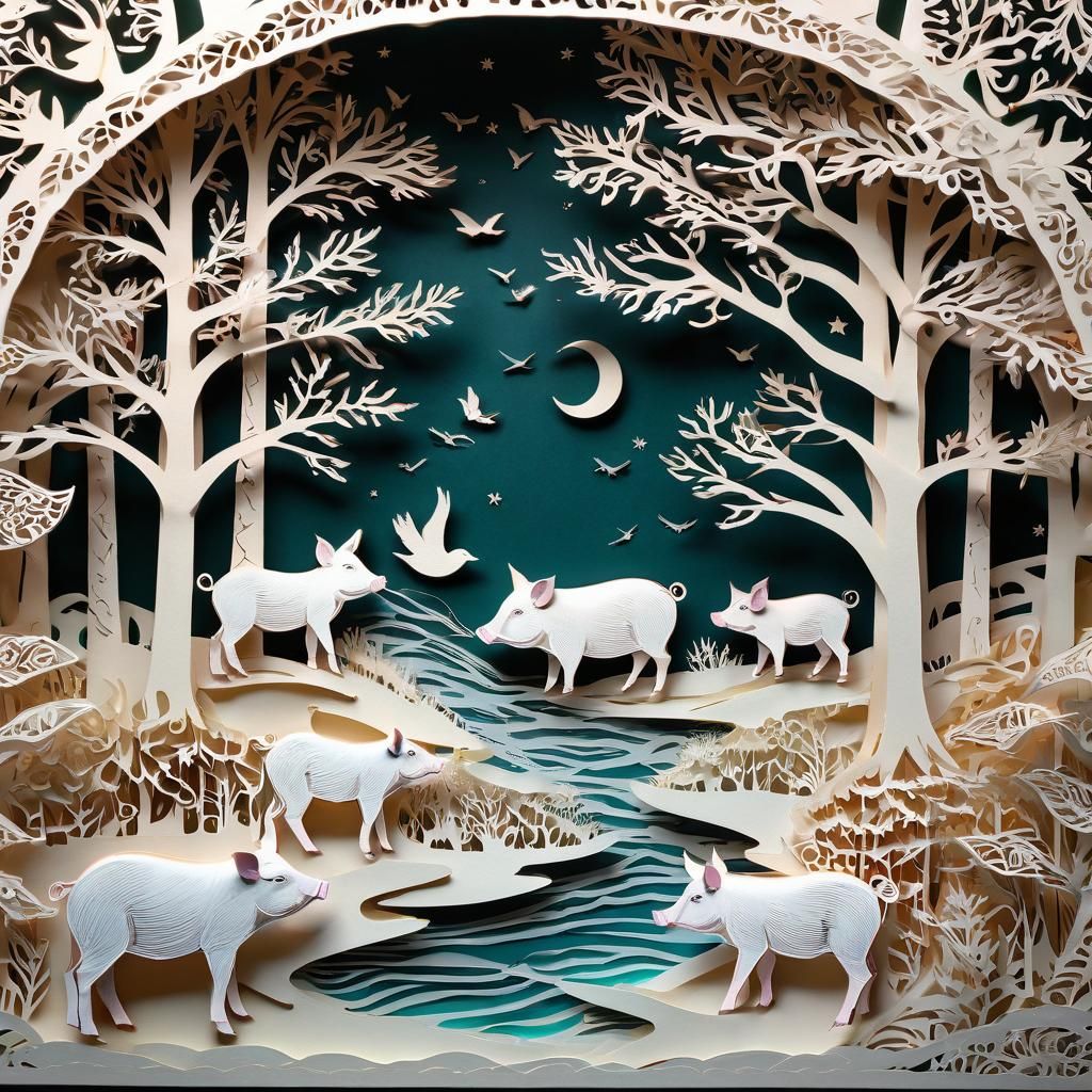 Kirigami Art Santa Claus with Piglets