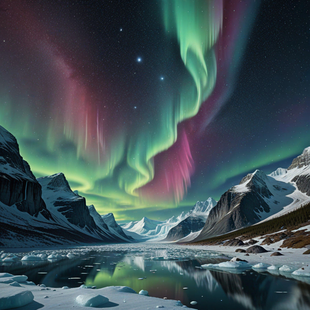 Epic Cinematic Stylized Northern Lights with Polar Bears and...