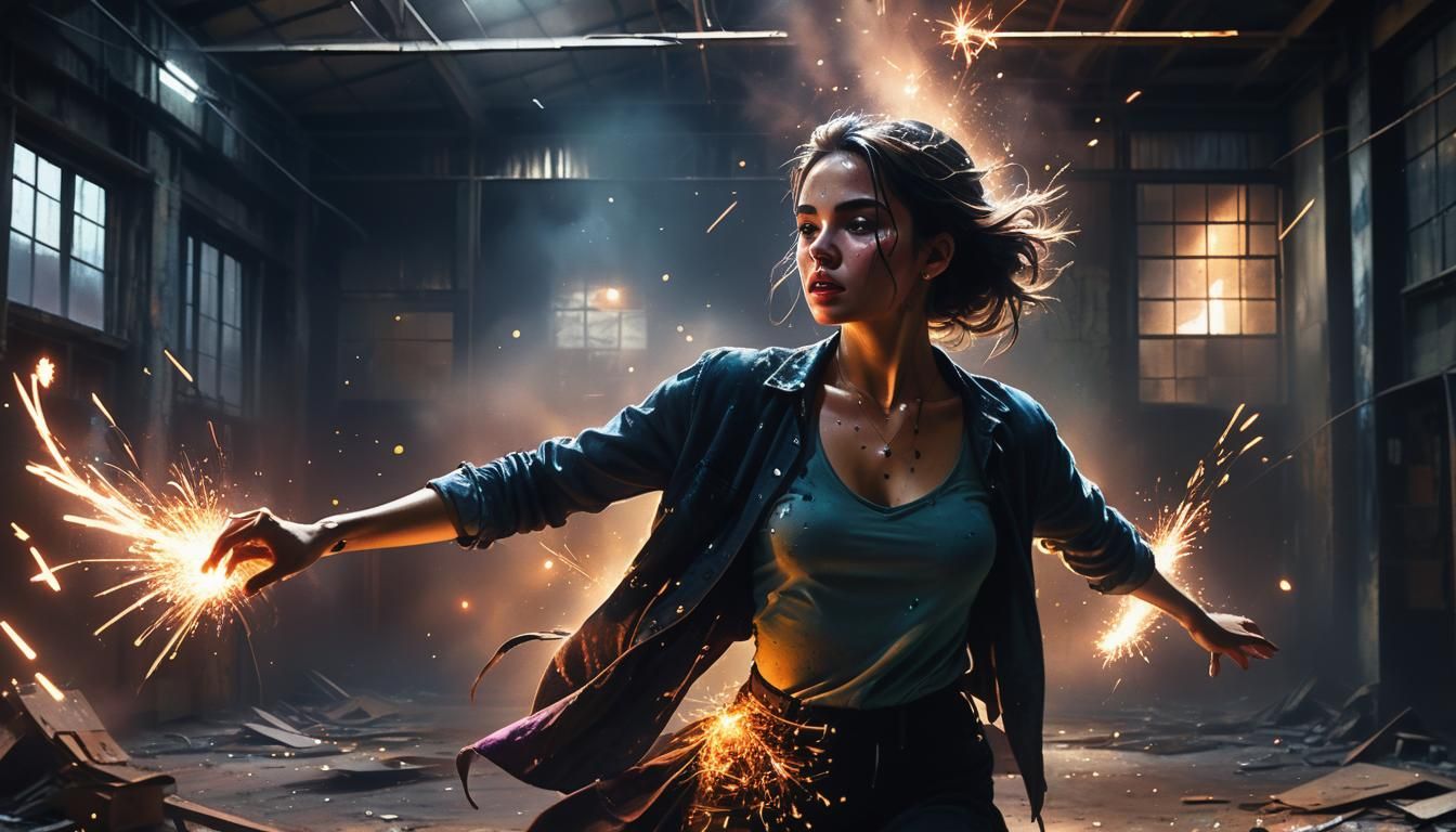 Woman Dancing in Warehouse with Flashes of Color