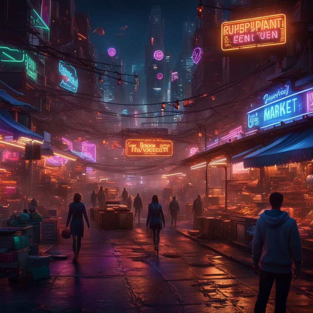 Glowing Neon City Market at Night