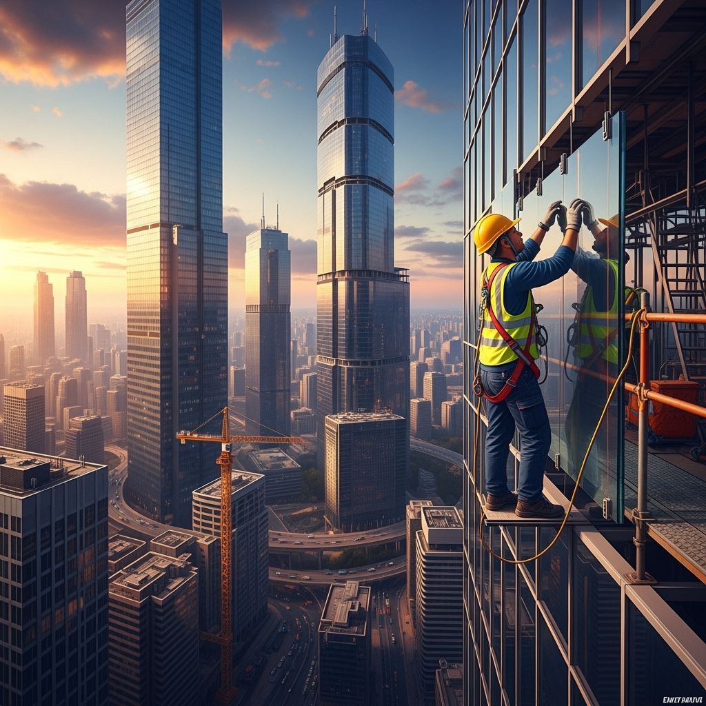 Construction Worker Installing Glass on Highrise Building