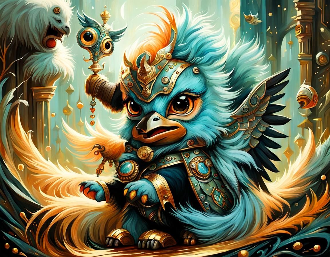 Futuristic Viking Baby with Hippogriff, Tim Burton Style