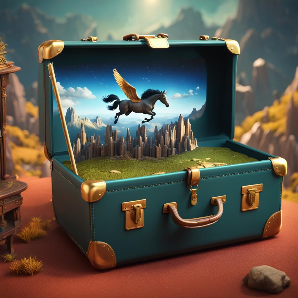 Miniature Fantasy World in Suitcase, 3D Render