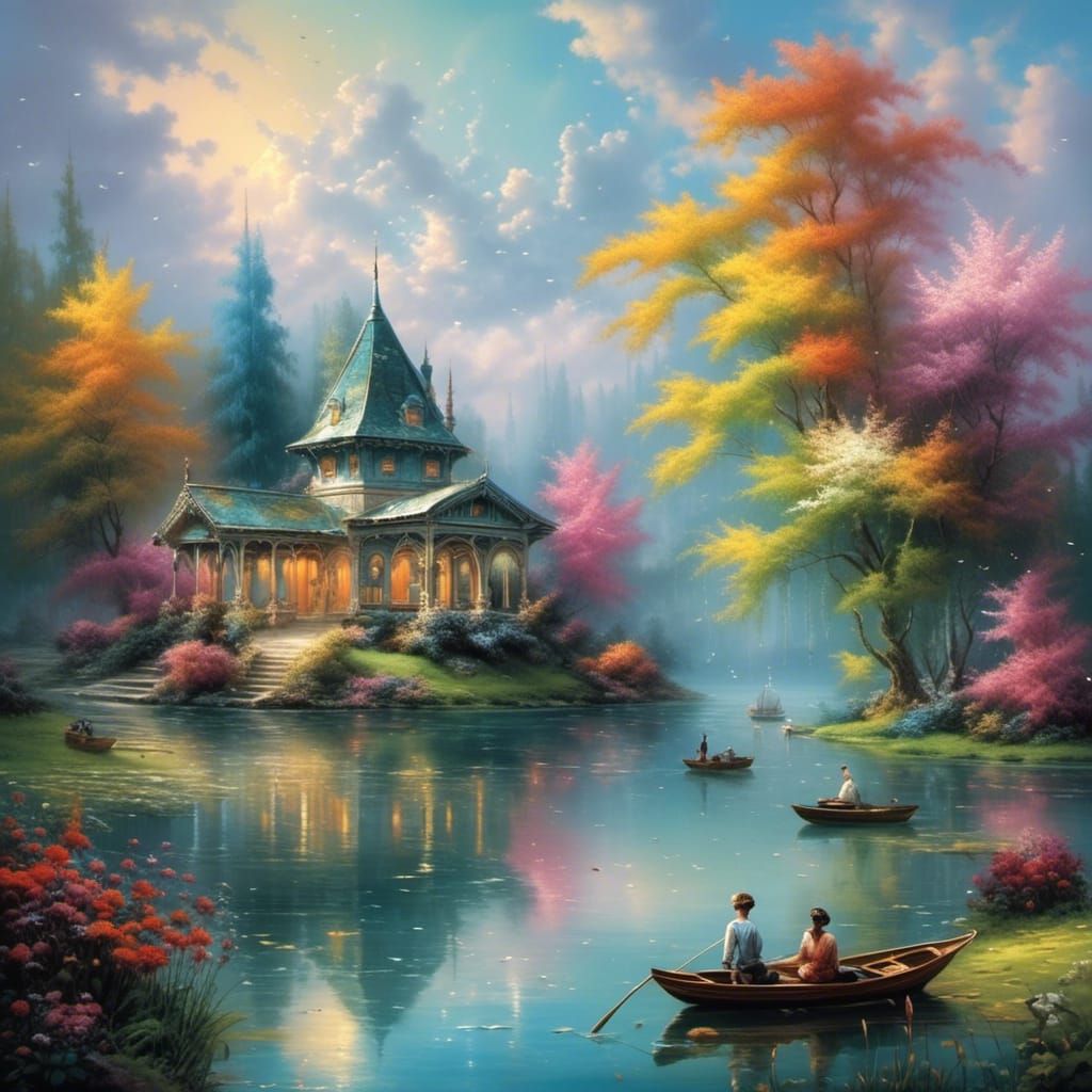 Lakeside Pavilion in 19th Century Ink Art Style