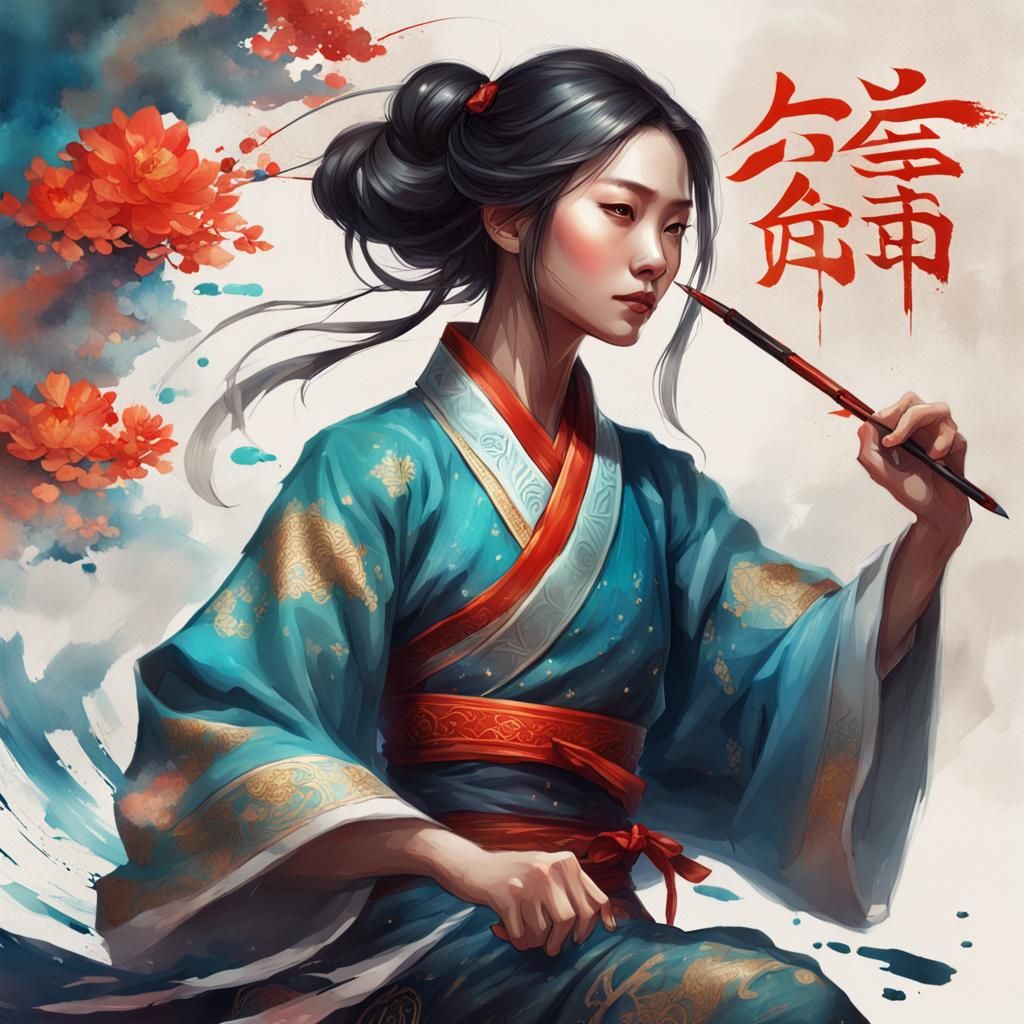 Chinese Calligraphy Portrait with Ink Brush