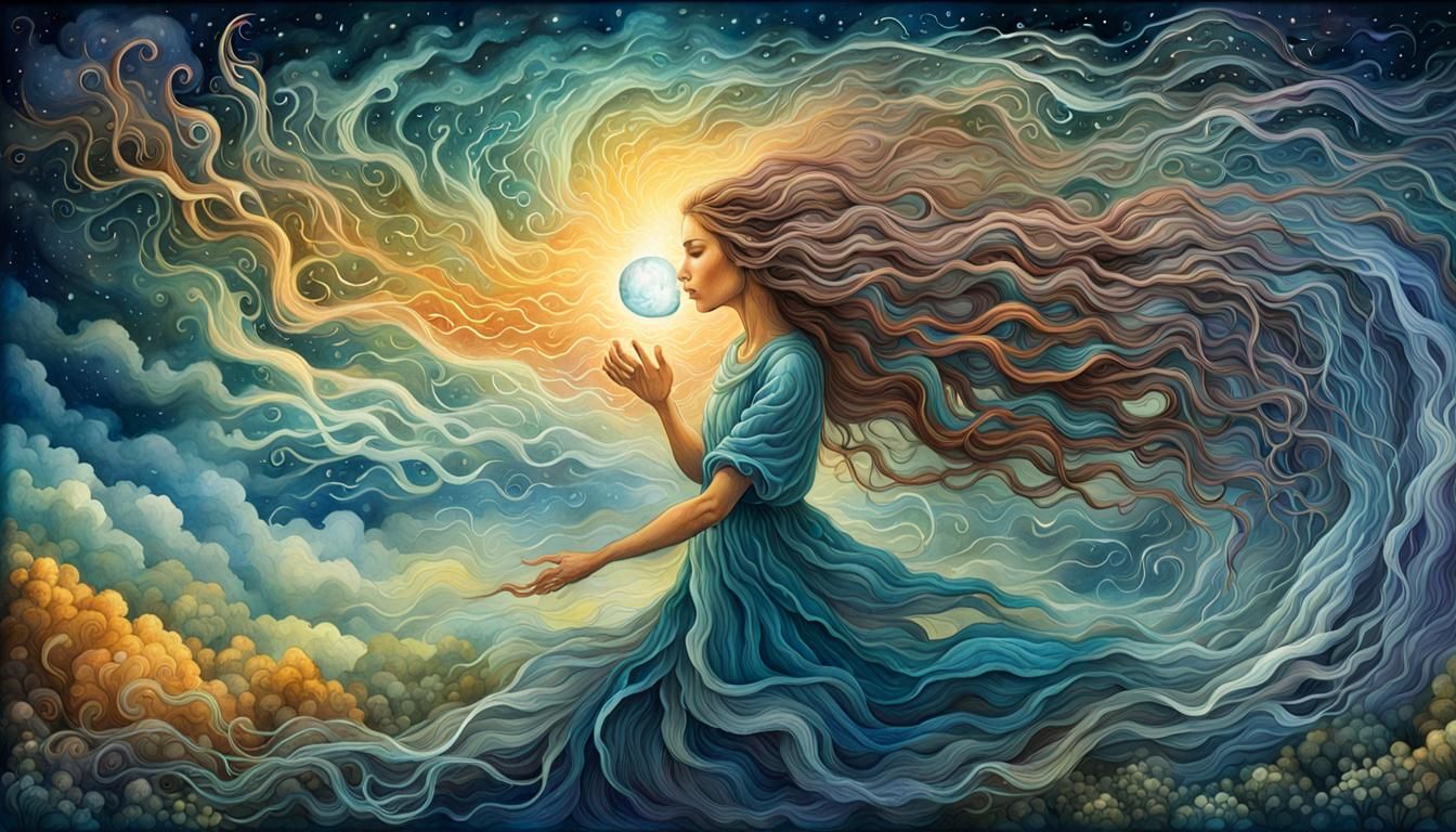 Surreal Woman Holding Thunder in Watercolor Style