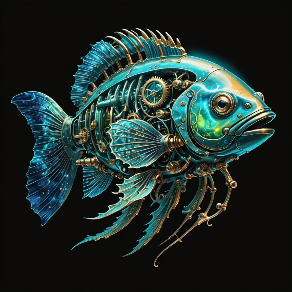 Steampunk Fish Emerging from Underwater Engine
