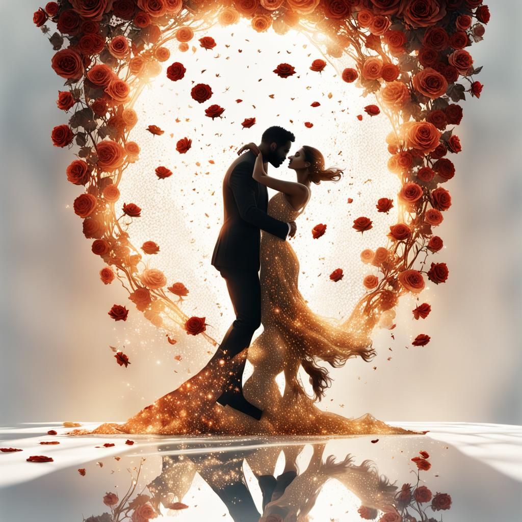 Romantic Double Exposure: Lovers in Silhouette of Roses