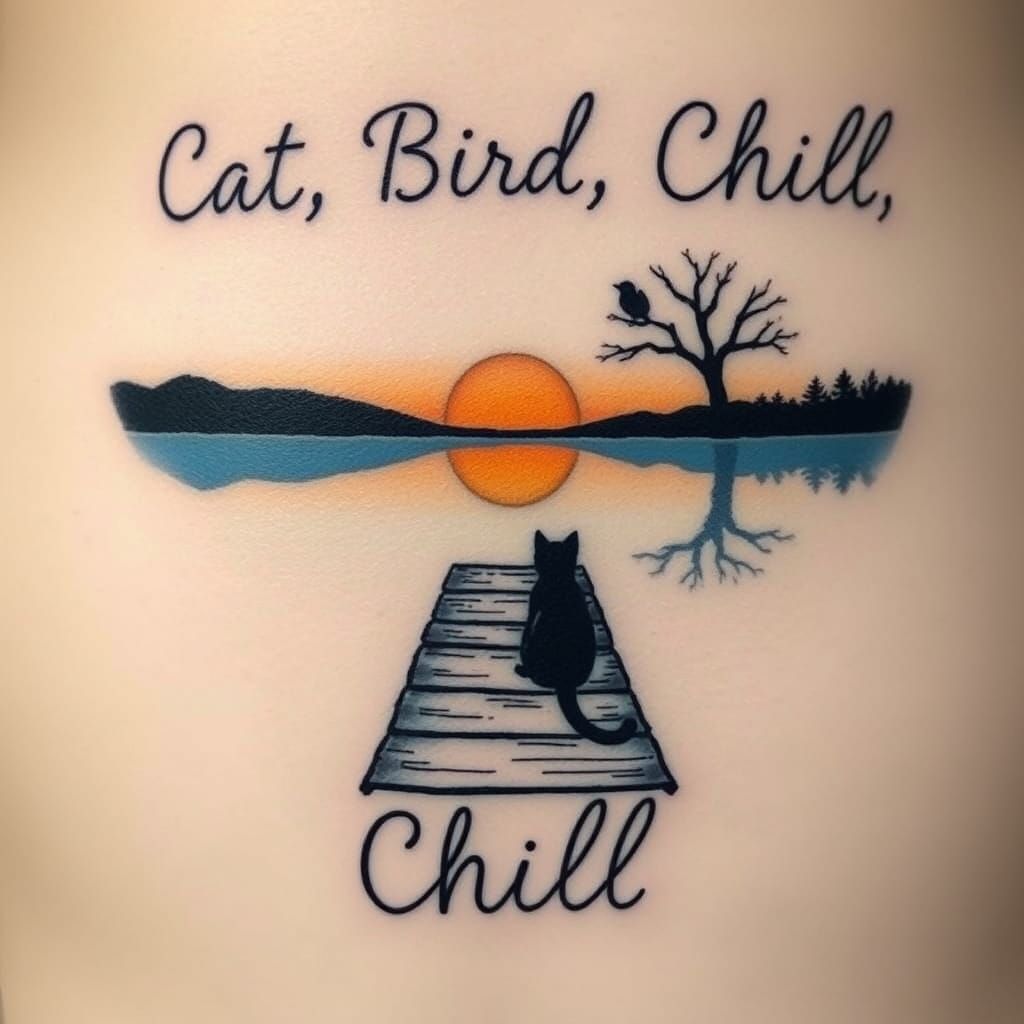 Stylized Cat and Bird Lakeside Tattoo Art