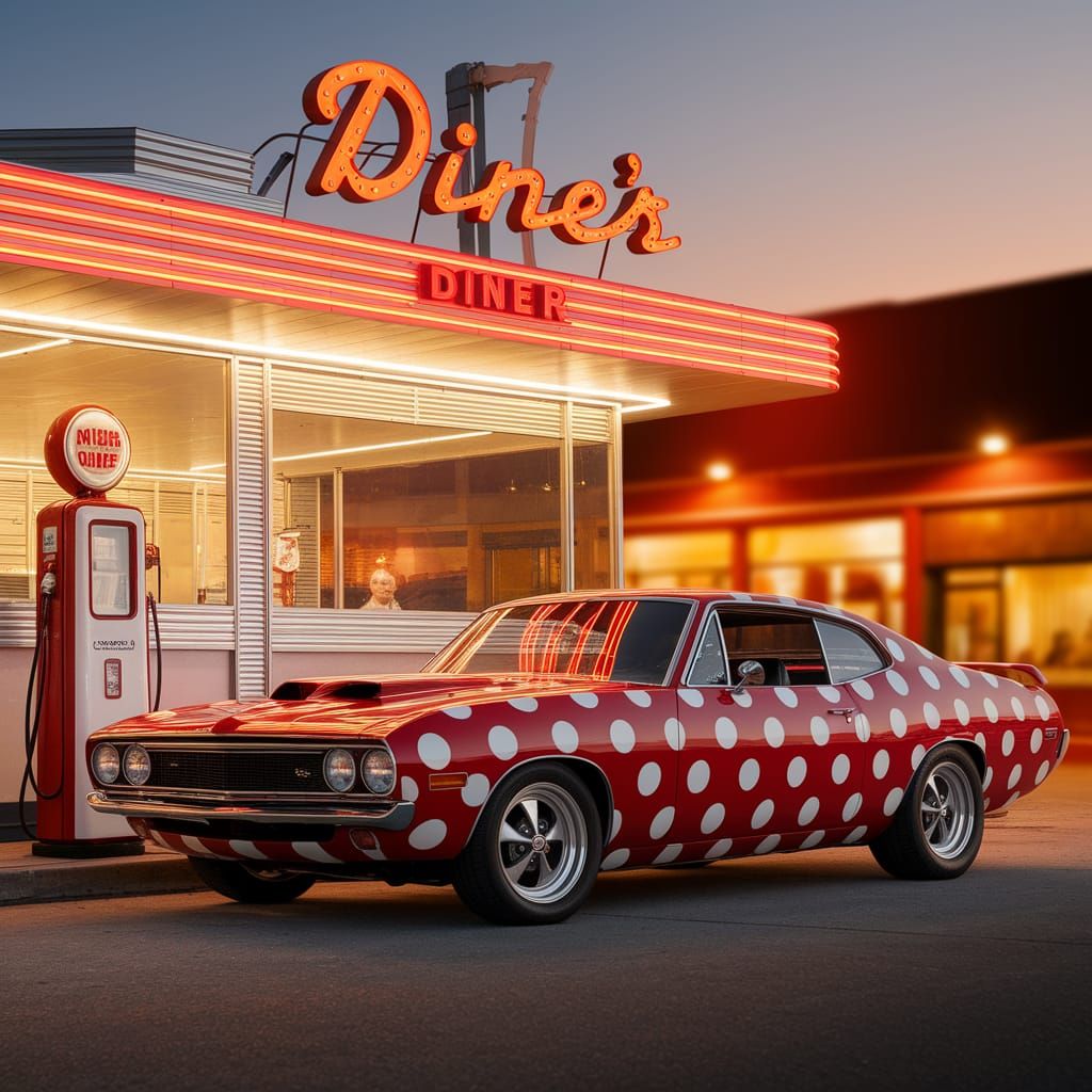 Vintage Cherry-Red Muscle Car at Neon Diner