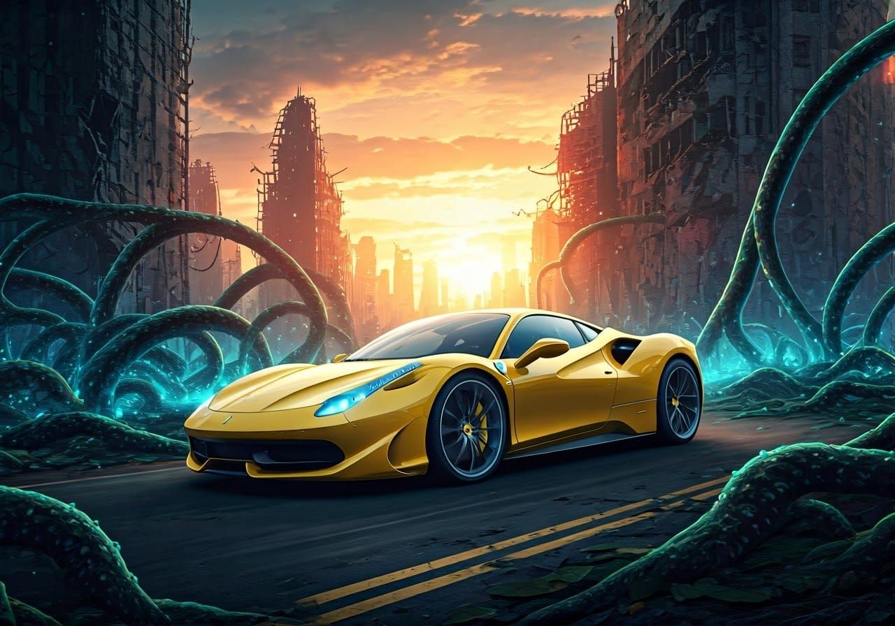 Ferrari Supercar in Dystopian Cyberpunk Cityscape