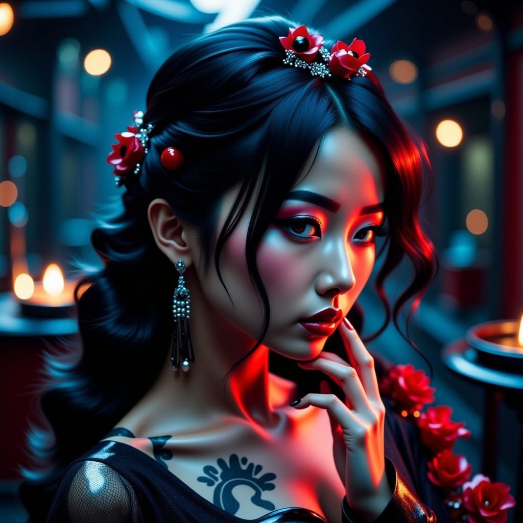 Serene Asian Goddess with Ethereal Tattoos in Cyberpunk Garb