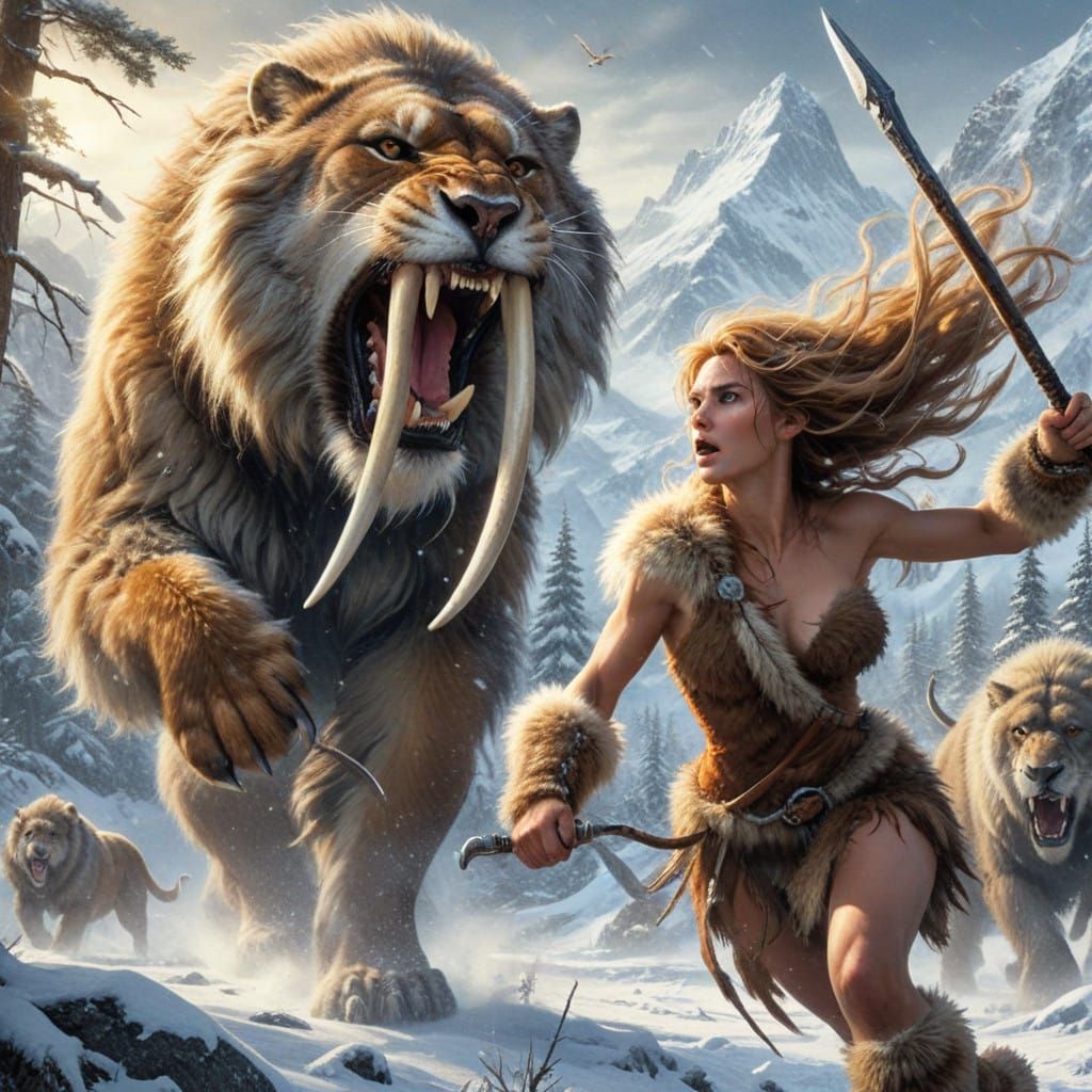Fierce Prehistoric Woman Battles Saber-tooth Tiger in Winter...