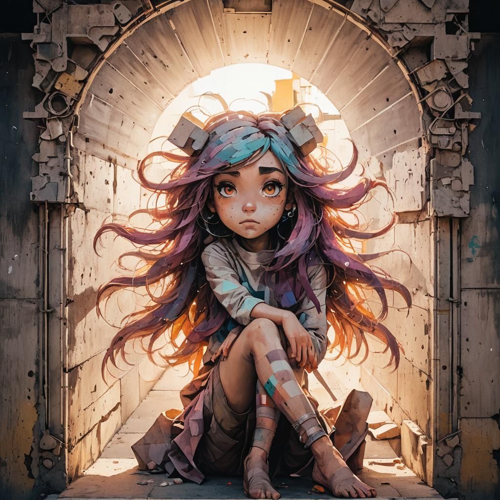 Girl with Full Color Hair in Brutalist Art