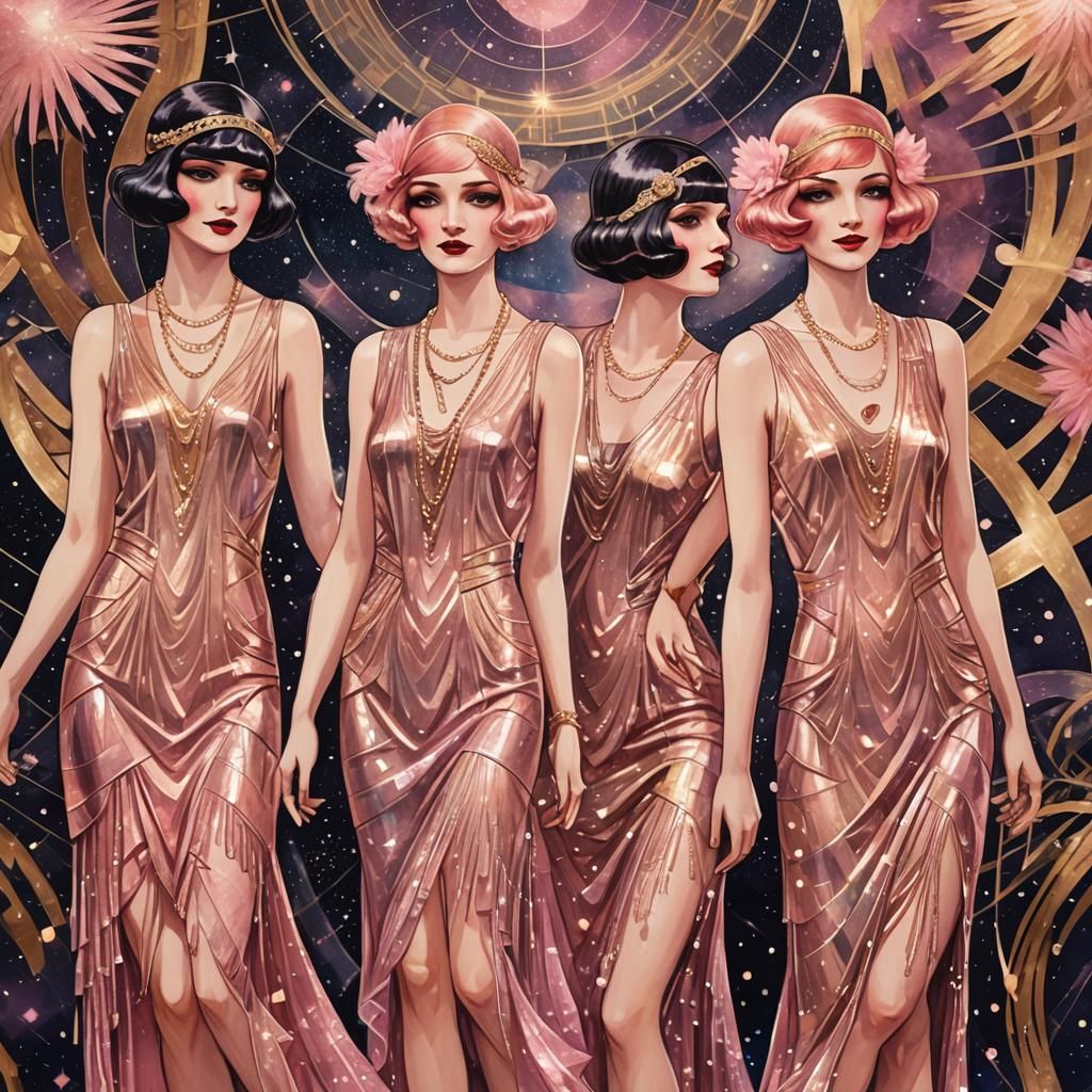 1920s Flapper Girls in Astral Cosmic Illustration