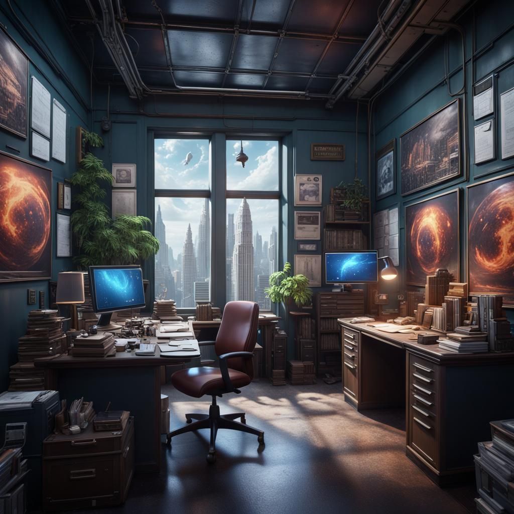 Scientist's Space-Themed Office: Detailed Matte Painting