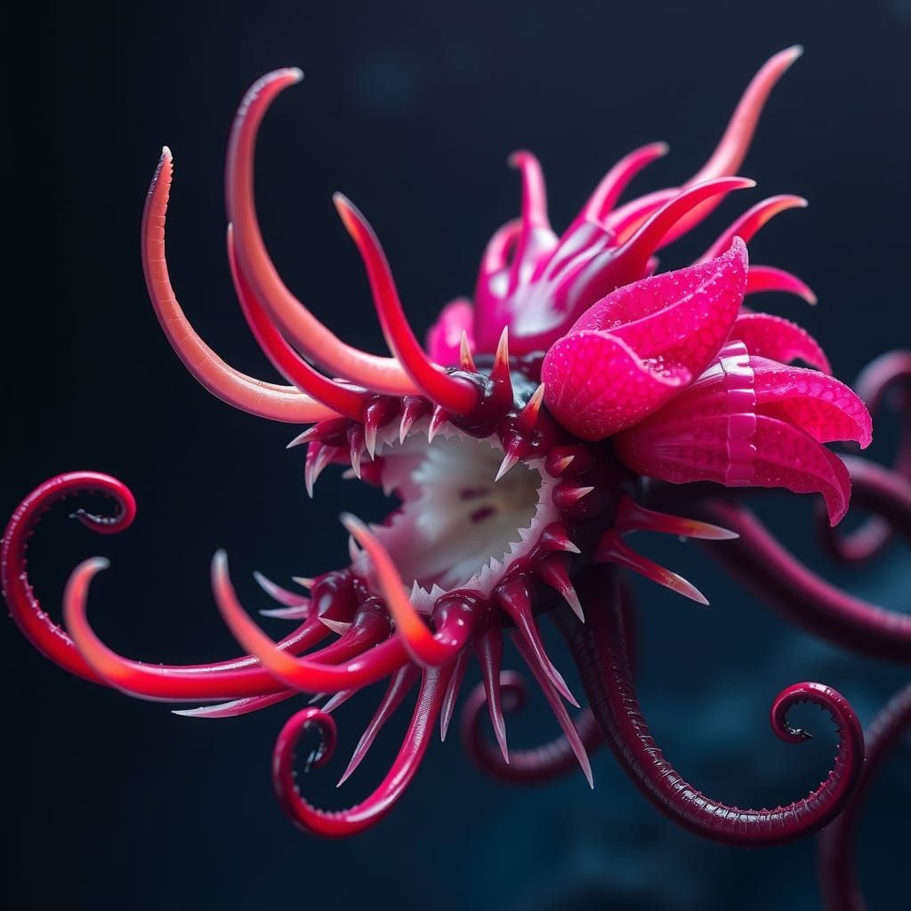 Otherworldly Carnivorous Angler-Flower with Glowing Spines