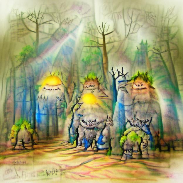 Trolls Standing in Foggy Forest, Ink Drawing Style