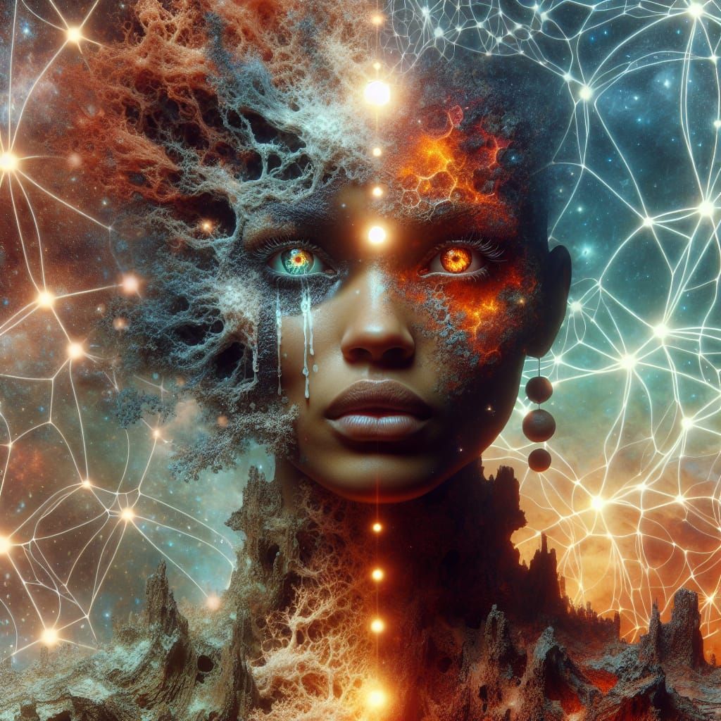 Transhumanist Woman in Cosmic Surrealism with Dreamlike Land...