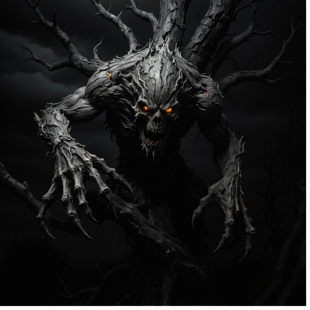 Dark Fantasy Tree Creature in Monochrome