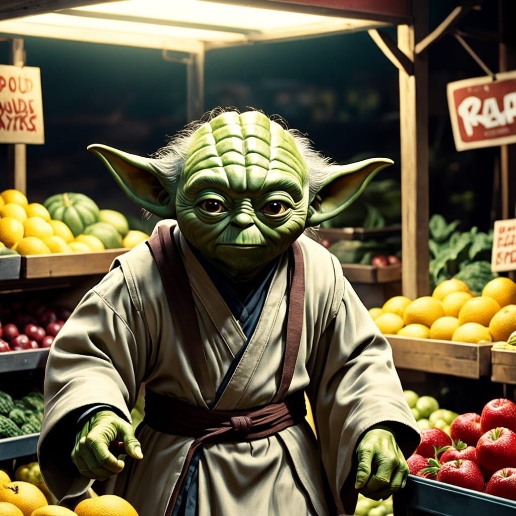 Master Yoda's Fruit Stand in Comic Book Style
