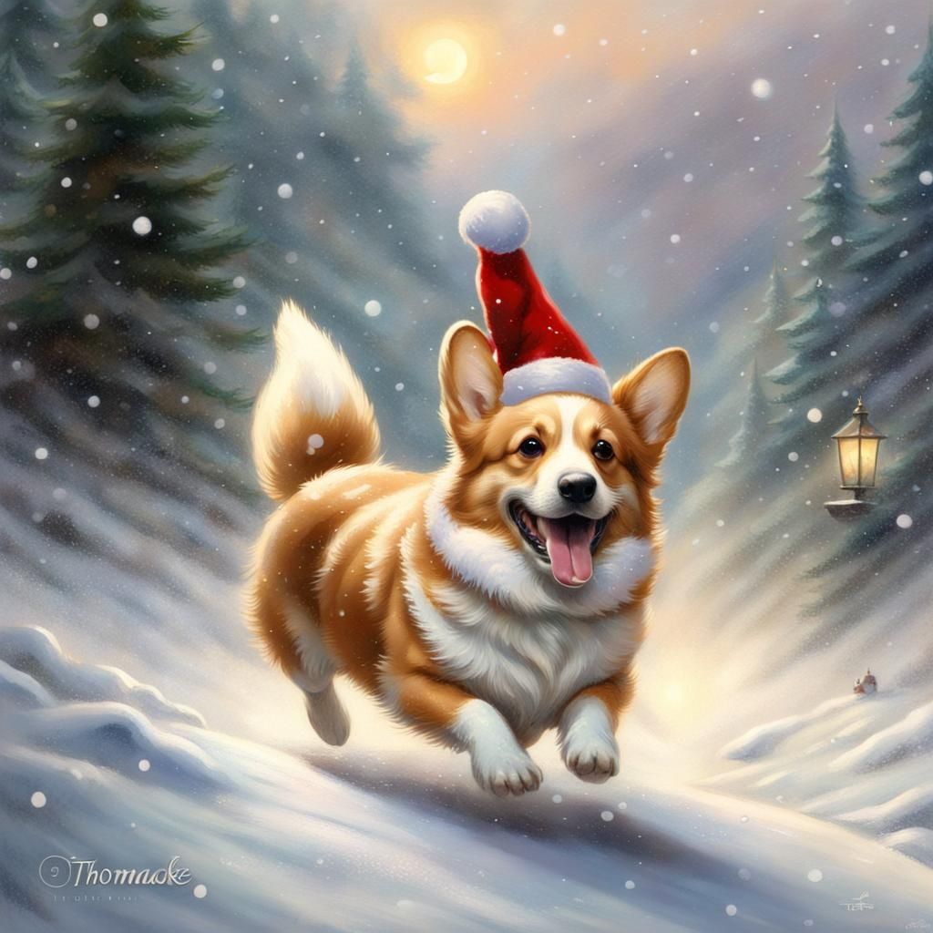 Corgi in Santa Hat Running in Snowy Fantasy Landscape