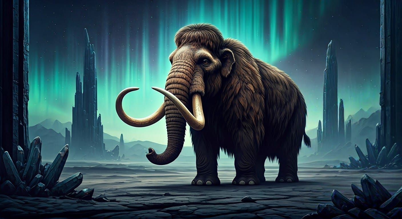 Bioluminescent Mammoth in Alien Landscape, Hyperrealistic Ar...