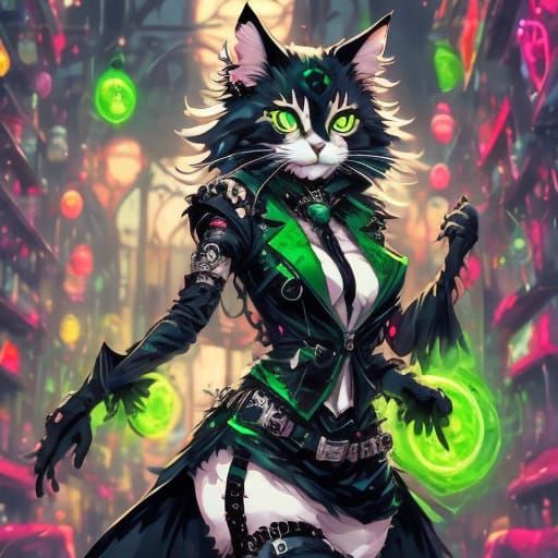 Gothic Whiskered Feline in Vibrant Anime Style