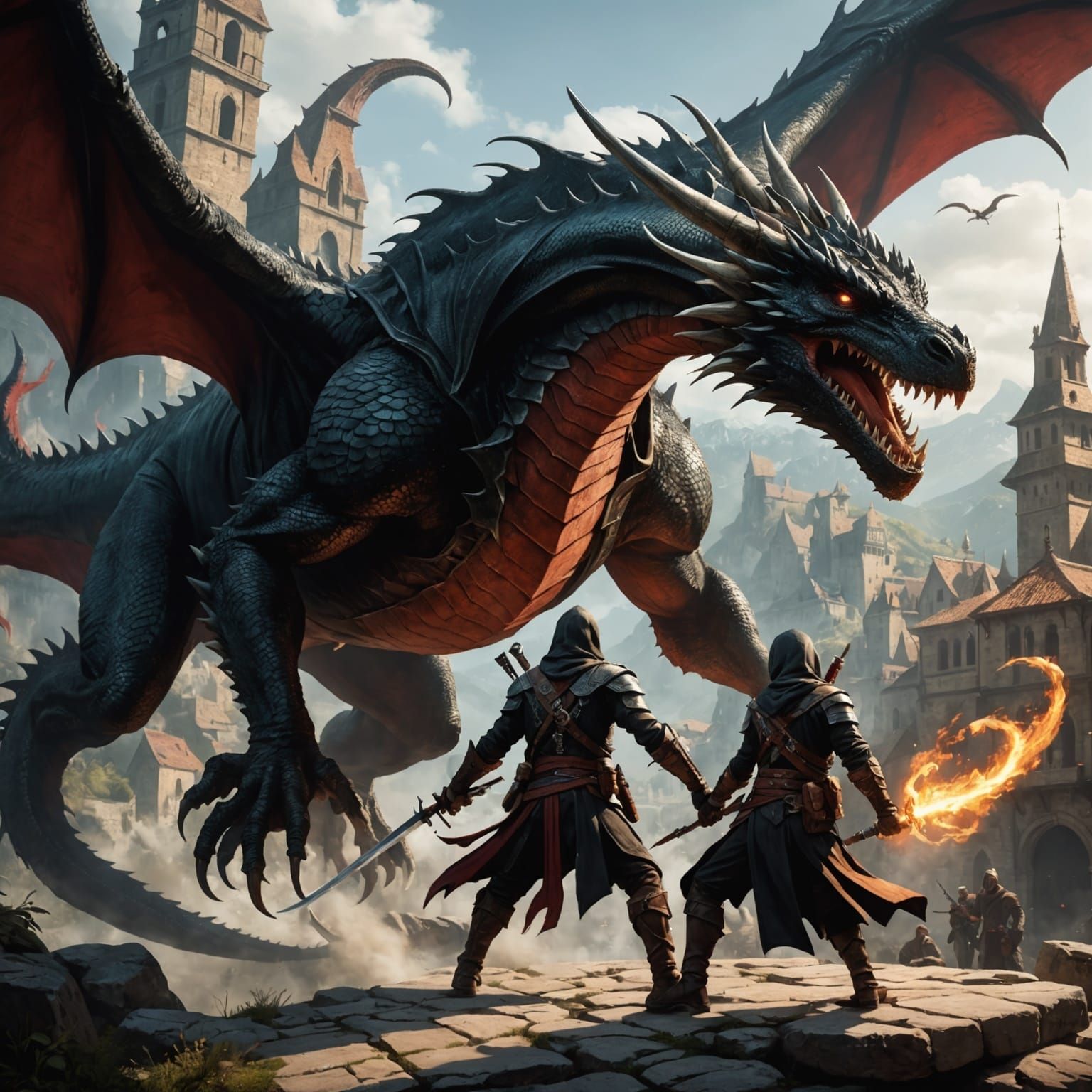 Assassin Tames a Majestic Dragon in a Dark Fantasy Scene