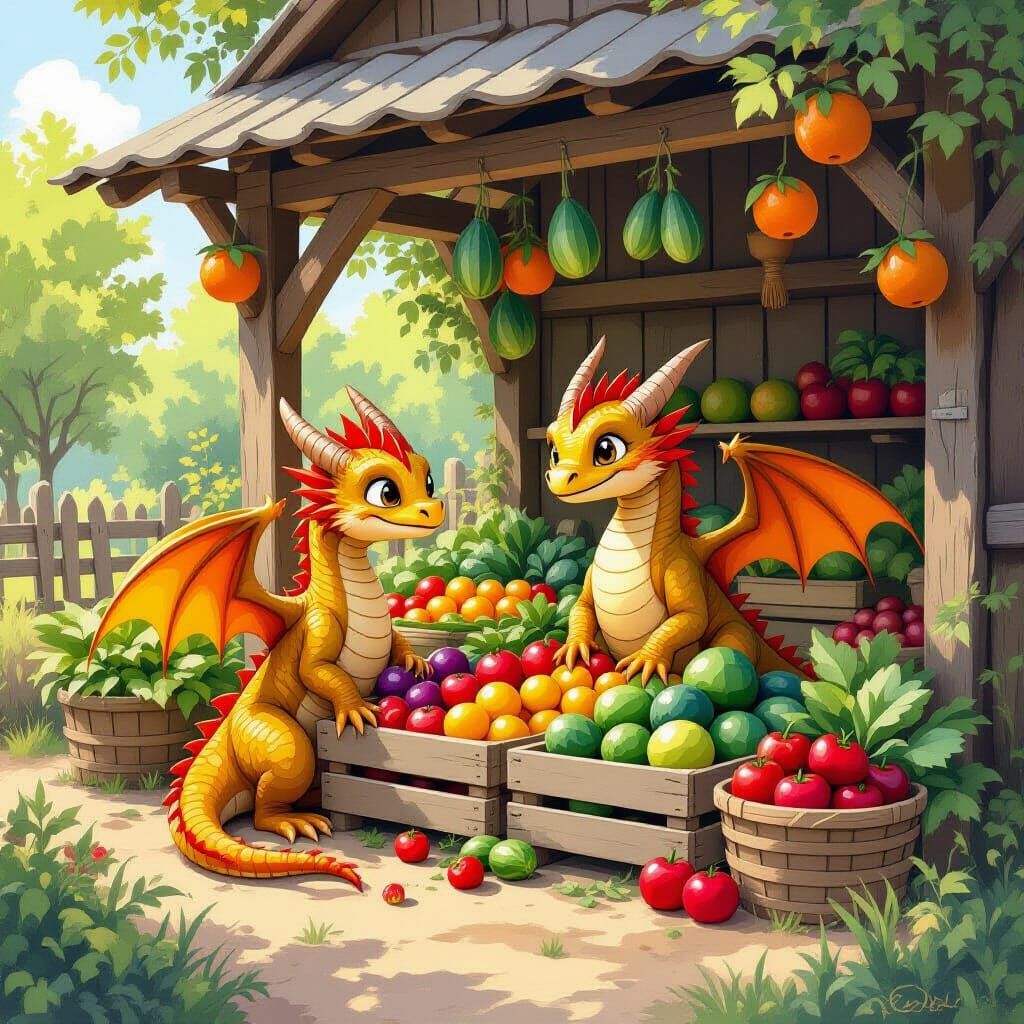 Whimsical Dragon Farmstand in Storybook Style