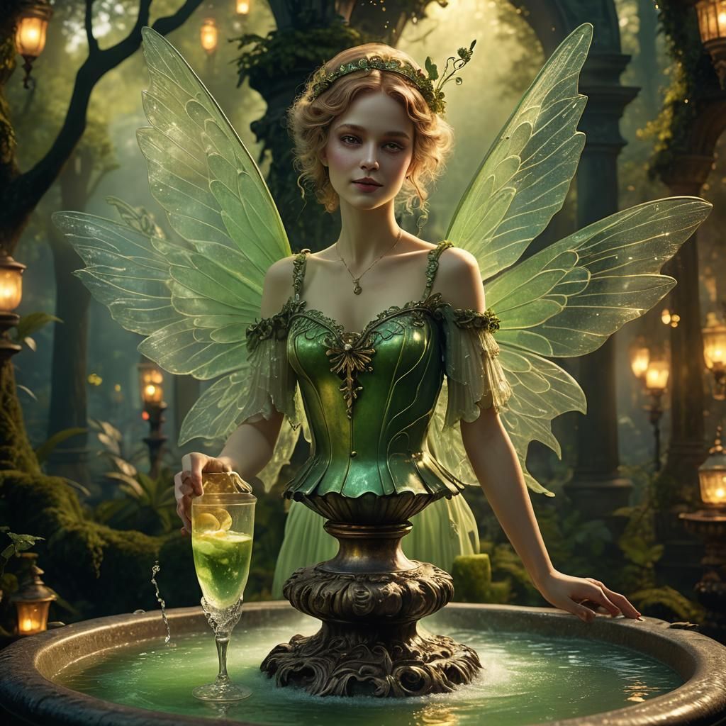 Absinthe Fairy in Mystical Forest, Digital Matte Painting