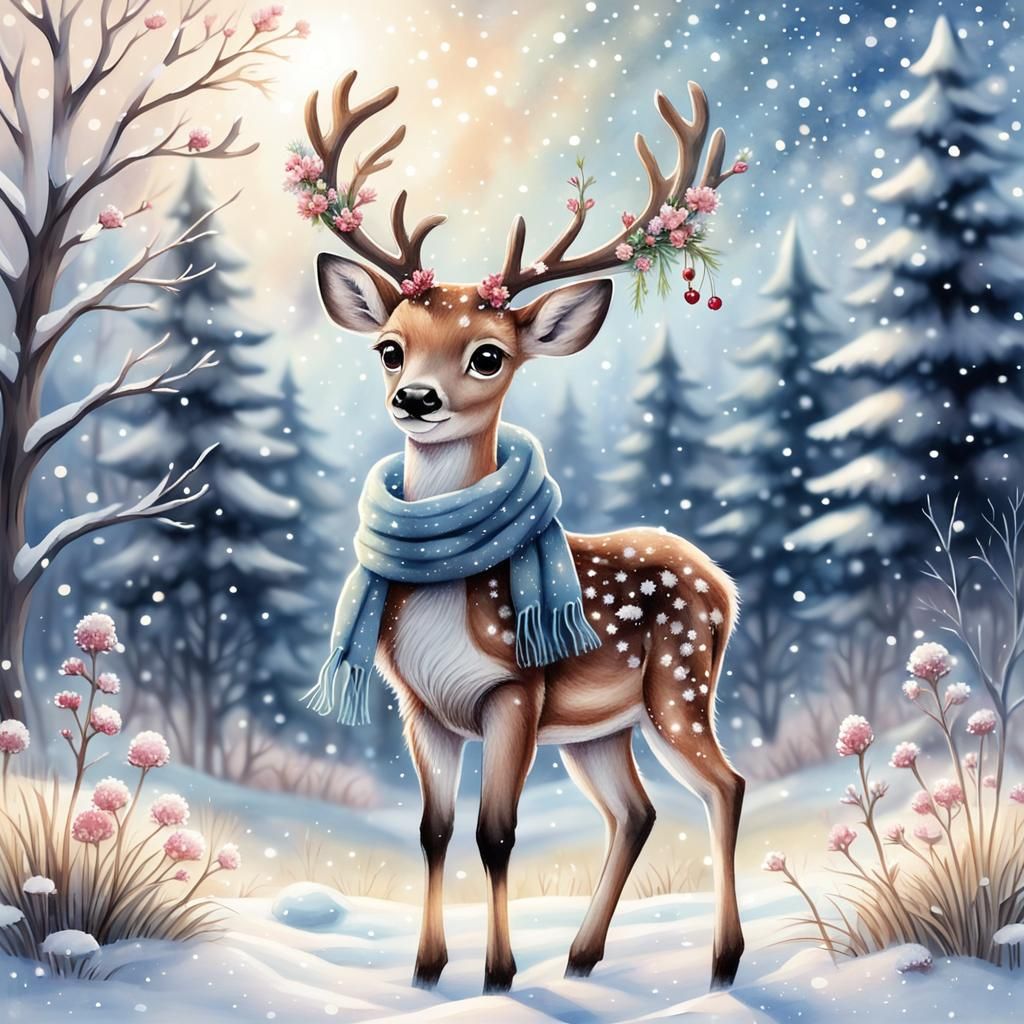 Charming Winter Chibi Deer Scene in Acrylic Watercolor