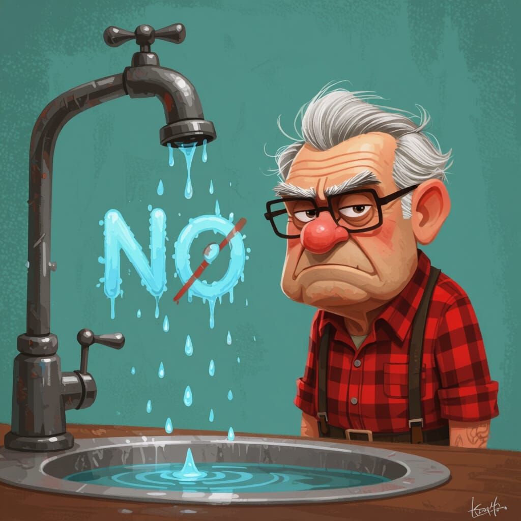 Grumpy Old Man with Dripping Faucet, Playful Digital Art