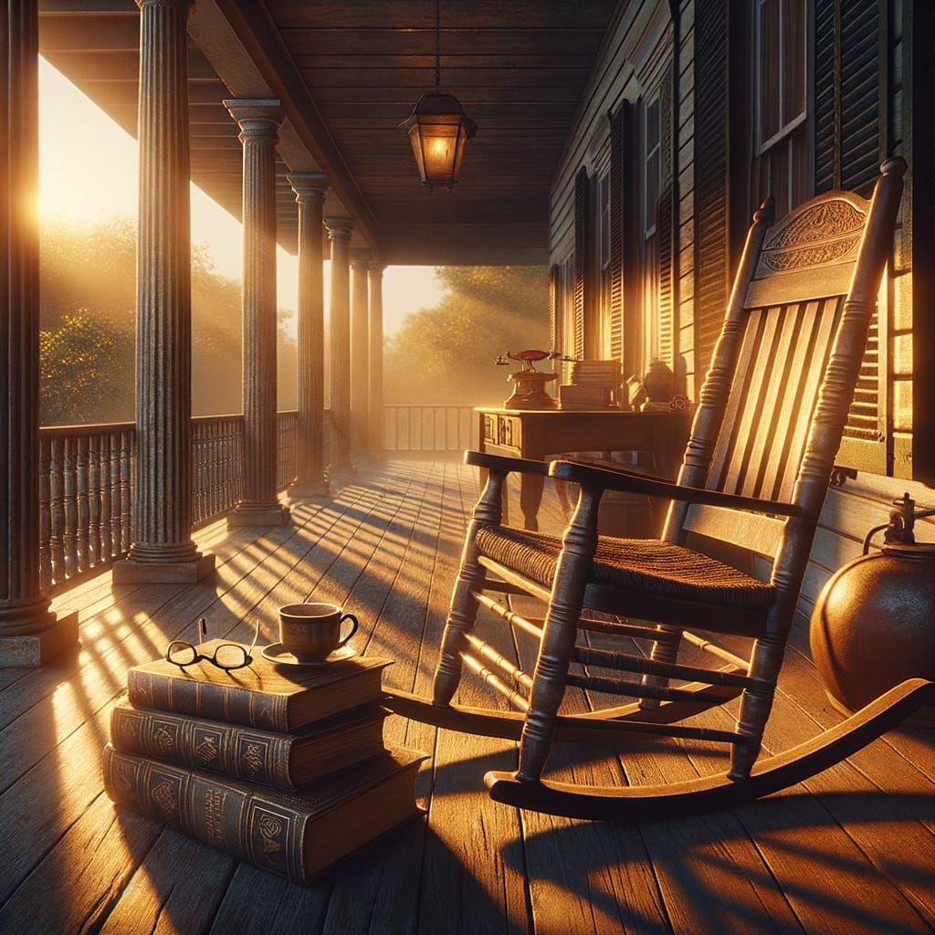 Vintage Southern Porch at Sunrise in Cinematic Lighting