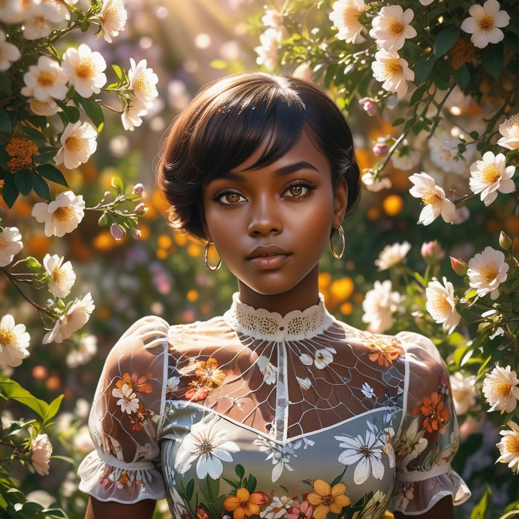 Ebony Woman with Amber Eyes in Floral Garden