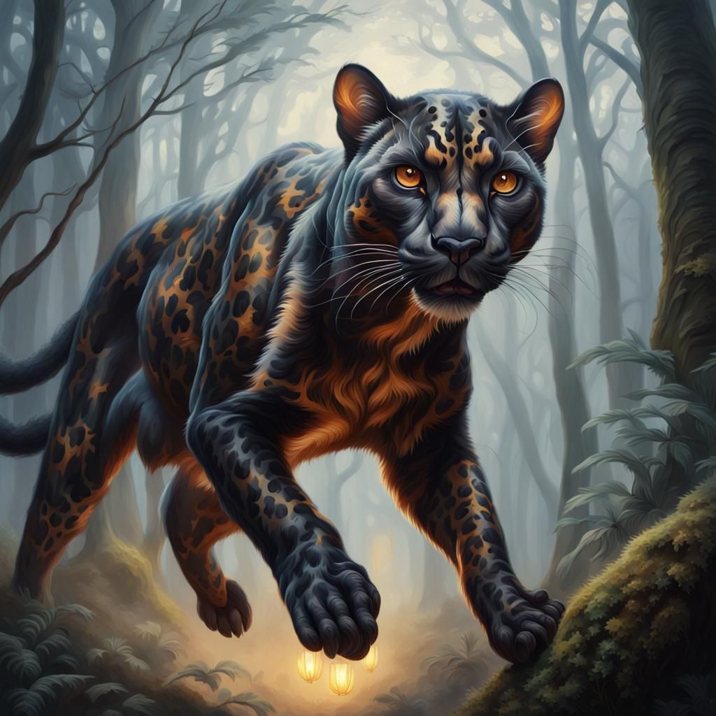 Mystical Tortoiseshell Panther Leaping Through Misty Forest