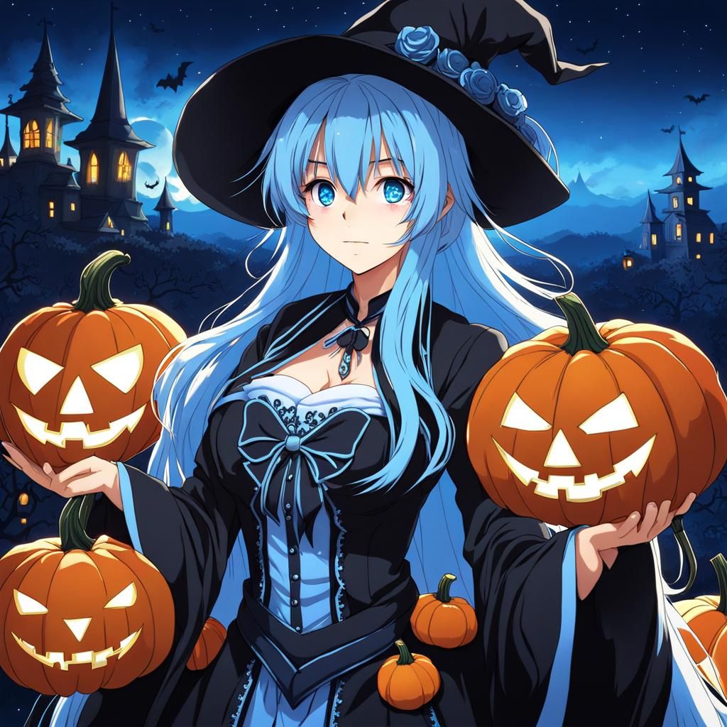 Girl in Halloween Costume with Blue Hair