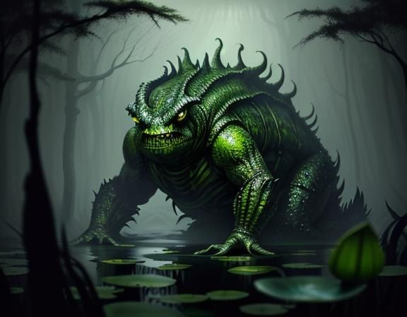Bullywug in Murky Swamp: Dark Fantasy Oil Painting