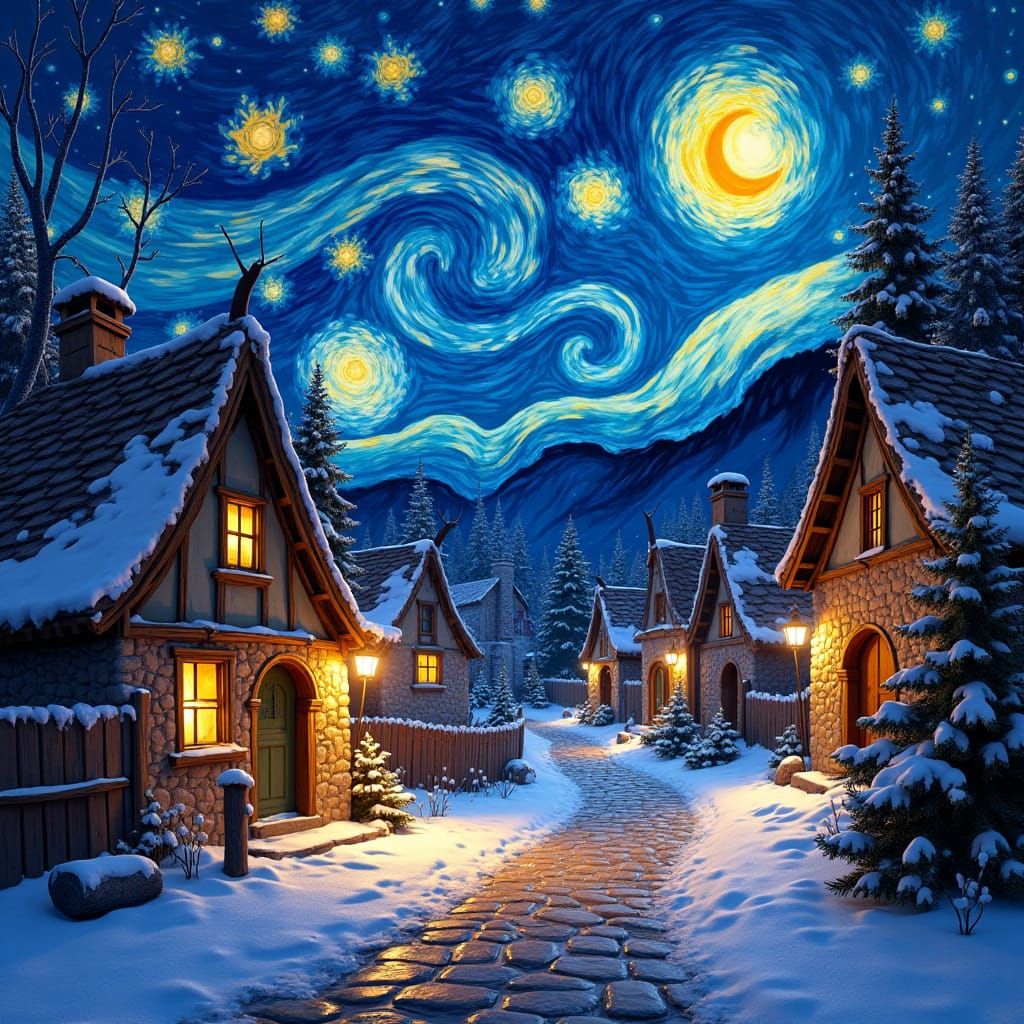 Starry Night Village Aglow with Christmas Lights