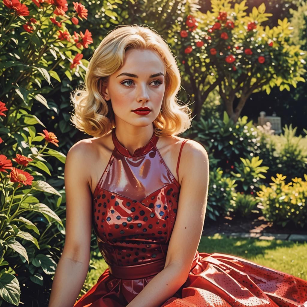 Retro Pop Art: Woman in Red Dress in Garden