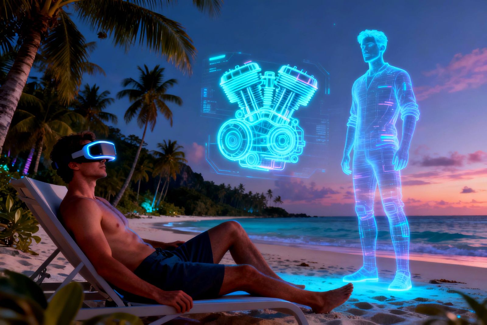 Futuristic Man with VR on Beach, Holographic Engine Design