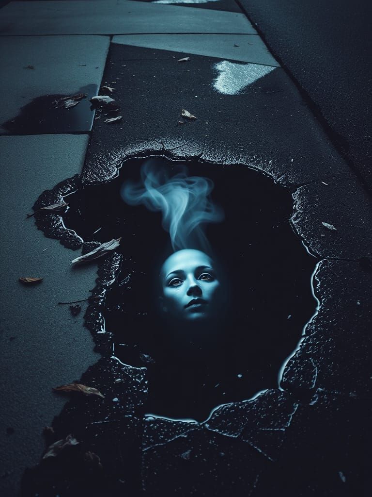 Eerie Reflection: Ghostly Face on Foggy Street