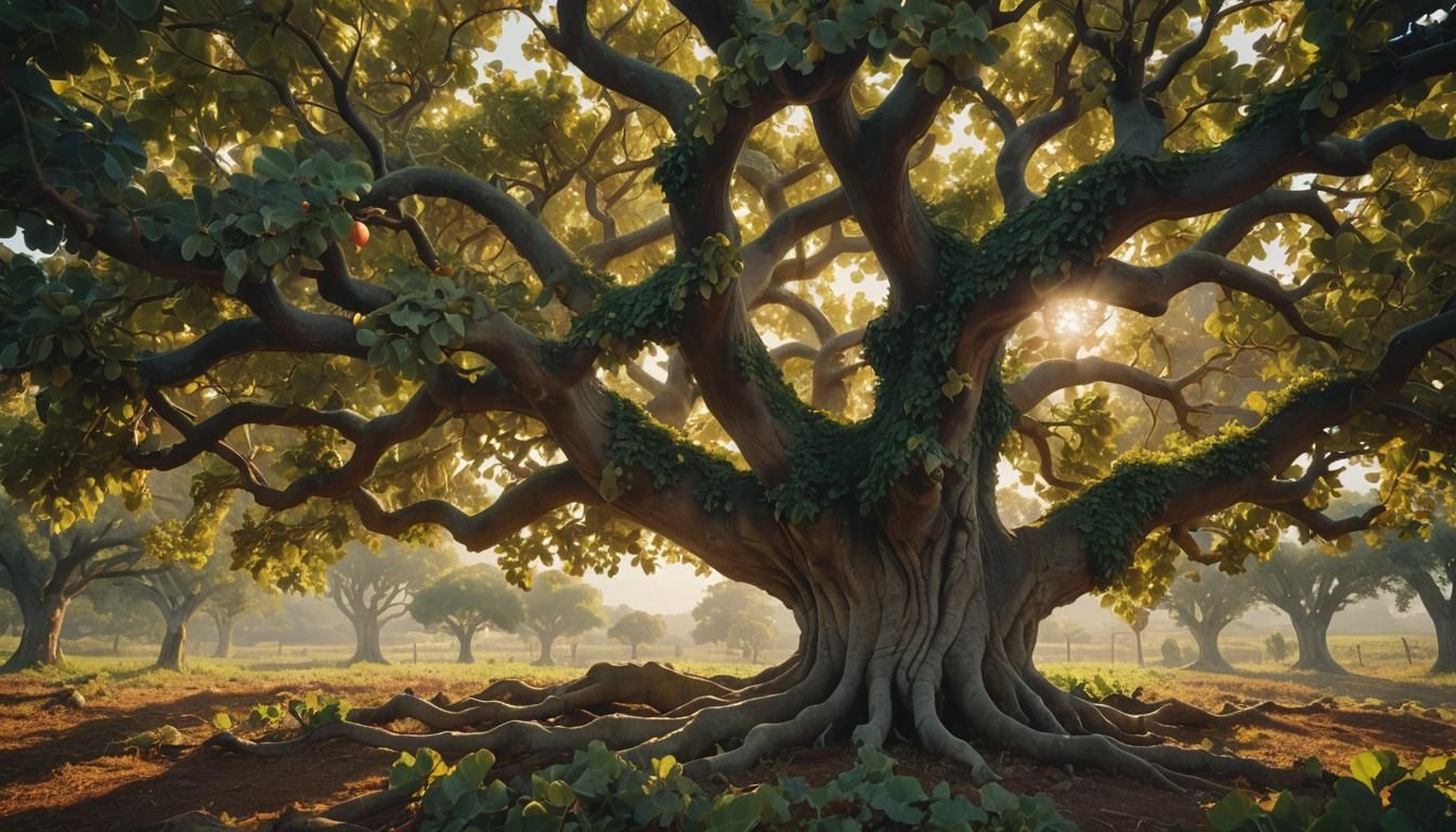 Fig Tree in Vineyard: Oil Painting-Inspired Digital Art