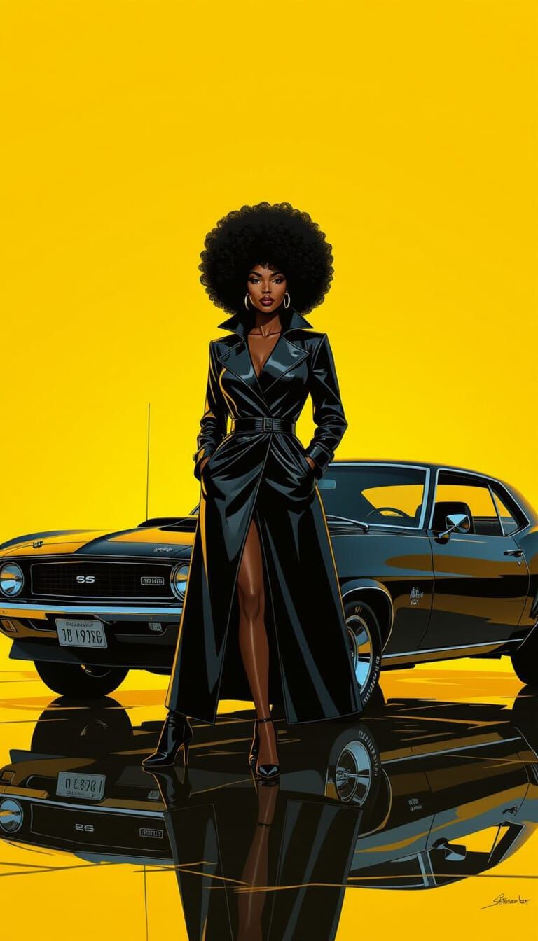 Black Woman Silhouette with Afro and Muscle Car on Yellow Ba...